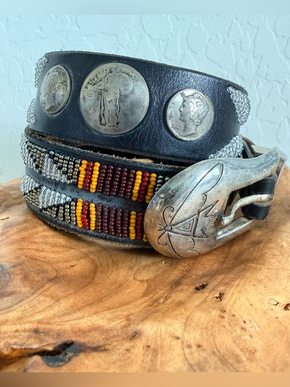 Vintage Southwestern Americana Silver Coinage Beadwork Old Pawn Leather Belt